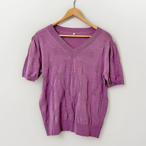 Womens V Neck Short Sleeve Knit Sweater Pullover Purple Textured Size XL - Picture 2 of 6